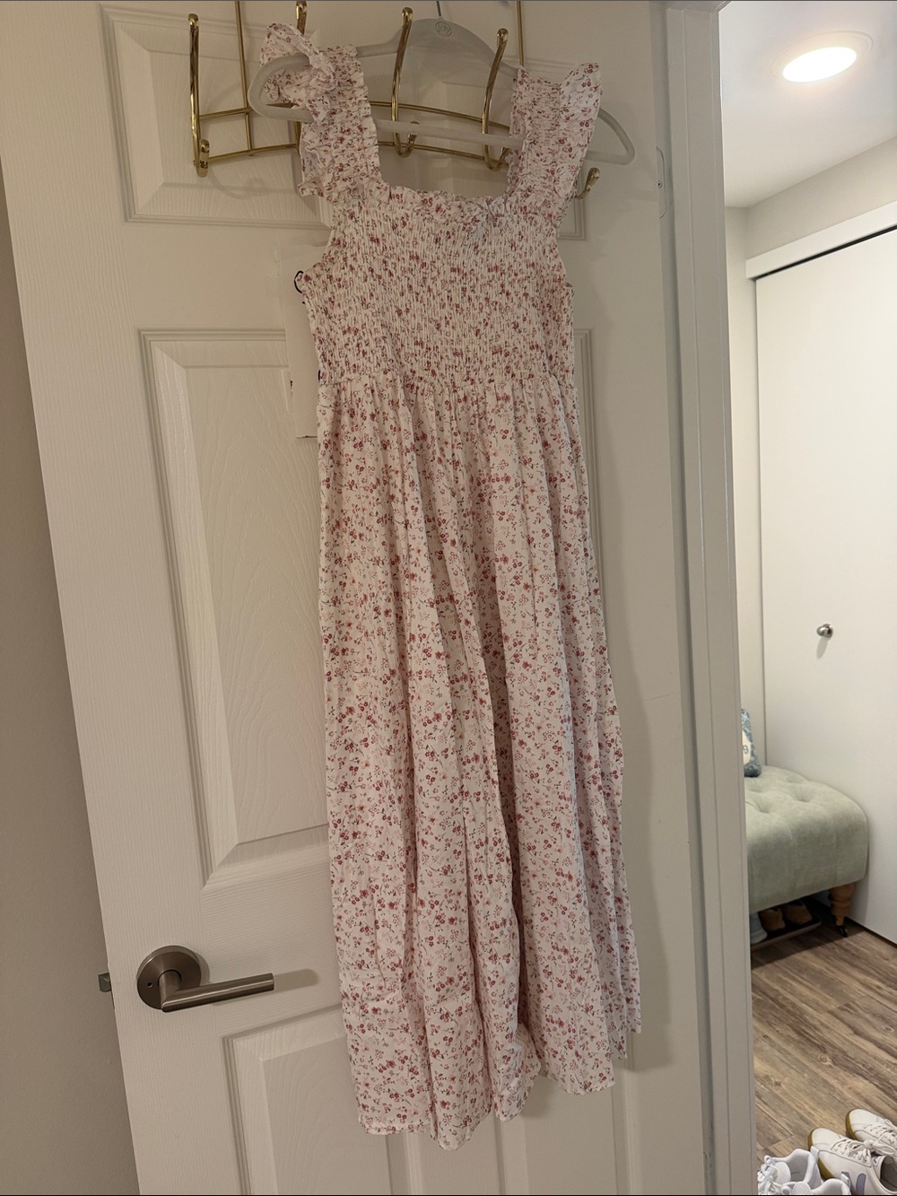 Smocked Pink Floral Midi Dress with Ruffle Straps
